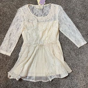 A’Reve Sheer Lace Ivory Tie Blouse Long Sleeve L